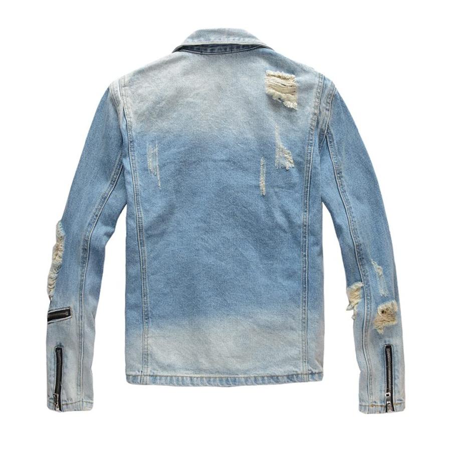 【並行輸入品】Men's Holes Ripped Blue Jean Biker Jacket Motorcycle Streetwearの画像