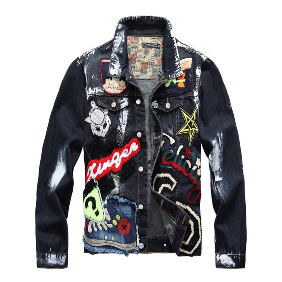 【並行輸入品】Men's Badge Patches Painted Denim Jacket Trendy Beauty Patchworkの画像