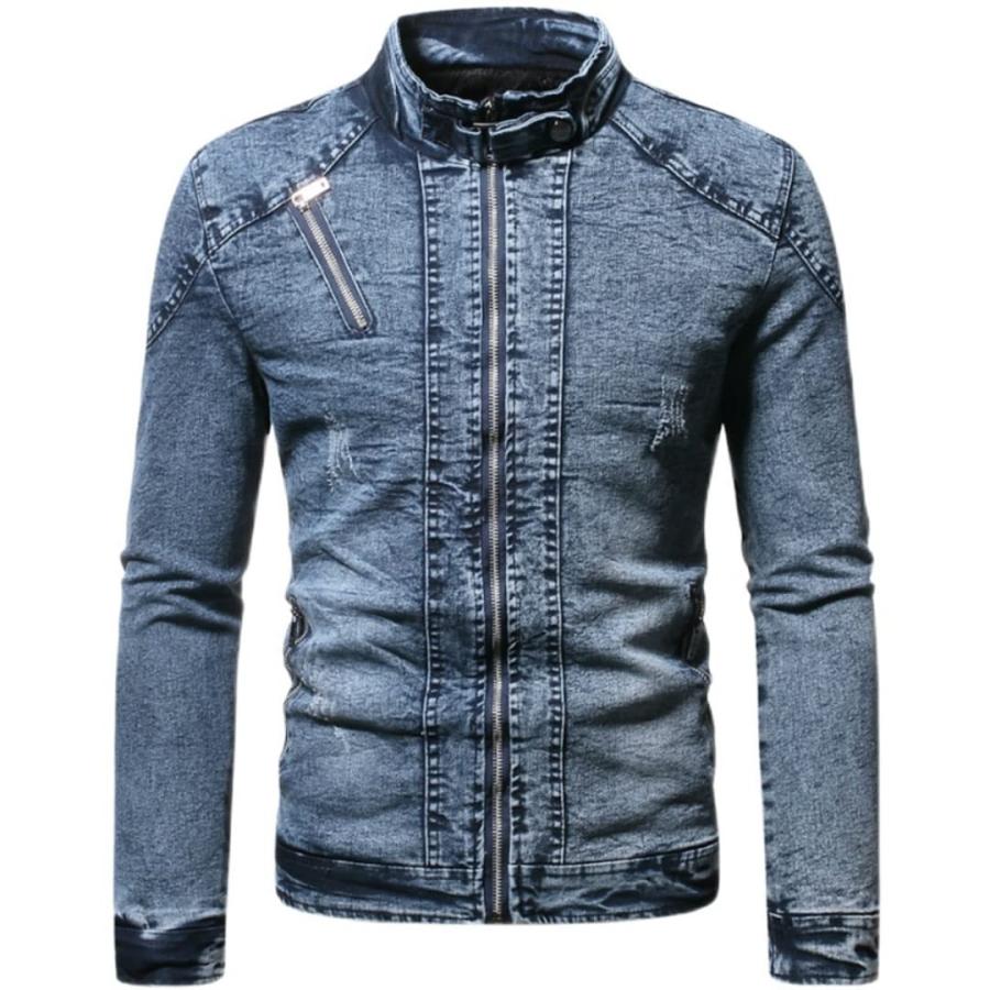 【並行輸入品】Denim Jacket Men Moto Biker Jean Jacket Solid Plus Velvet Standの画像
