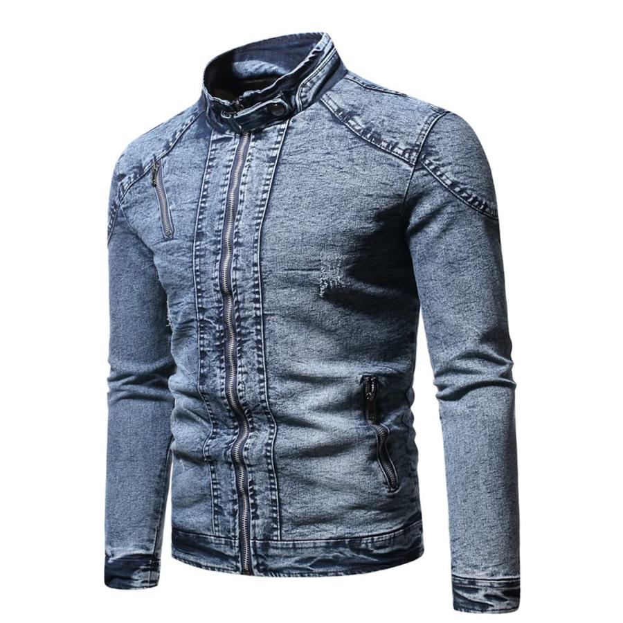 【並行輸入品】Denim Jacket Men Moto Biker Jean Jacket Solid Plus Velvet Standの画像