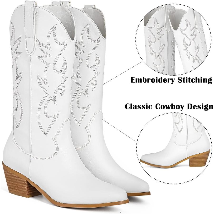 売り出し新品 Women´s Cowgirl Embroidered Western Cowboy Boots Mid Calf Booties Pointed Toe Chunky Heel 5cm Pull On Fashion Design Boots for Ladies Party and O