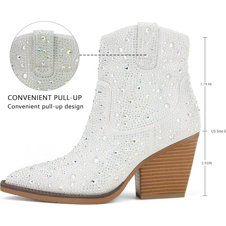 割引クーポン通販 OOHRHN Women´s Color Rhinestone Boots Glitter Sparkly Cowboy Booties Chunky Block Heel Pearl Detail Pointed Toe Bridal Wedding Western Ankle Boots