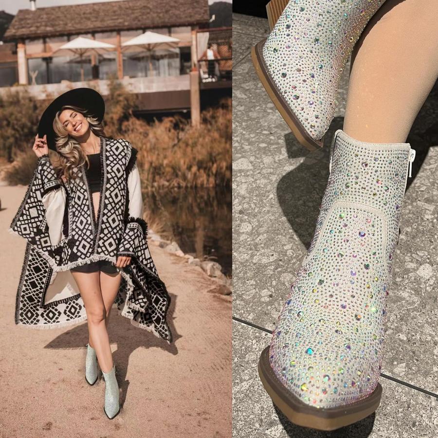 割引クーポン通販 OOHRHN Women´s Color Rhinestone Boots Glitter Sparkly Cowboy Booties Chunky Block Heel Pearl Detail Pointed Toe Bridal Wedding Western Ankle Boots