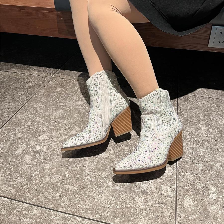 割引クーポン通販 OOHRHN Women´s Color Rhinestone Boots Glitter Sparkly Cowboy Booties Chunky Block Heel Pearl Detail Pointed Toe Bridal Wedding Western Ankle Boots