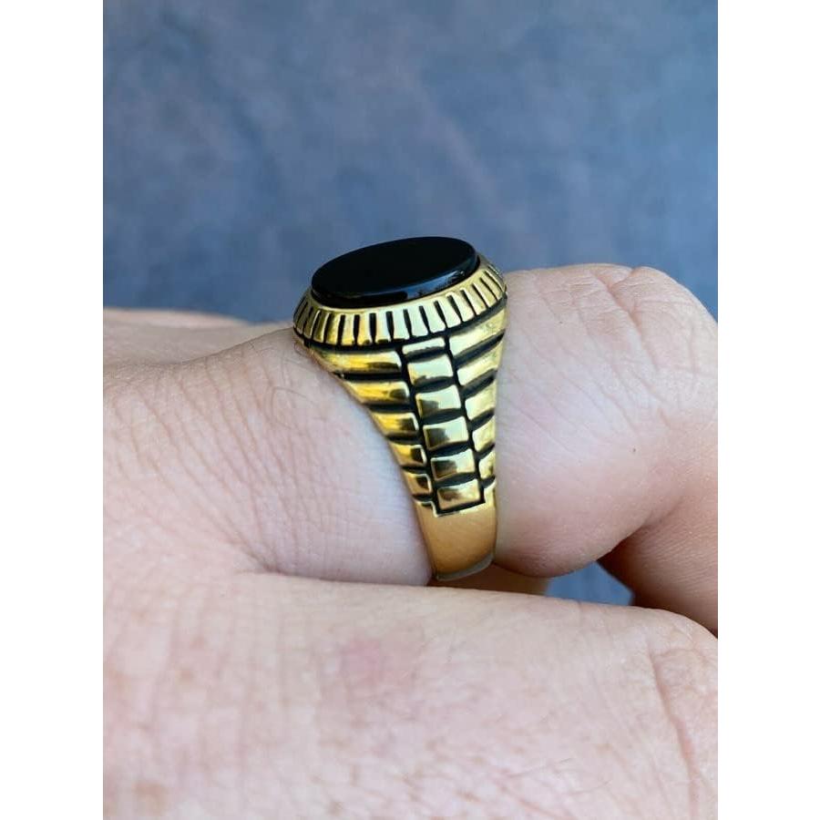 並行輸入品】ブラックオニキス ラウンドシグネットリング メンズ 14K