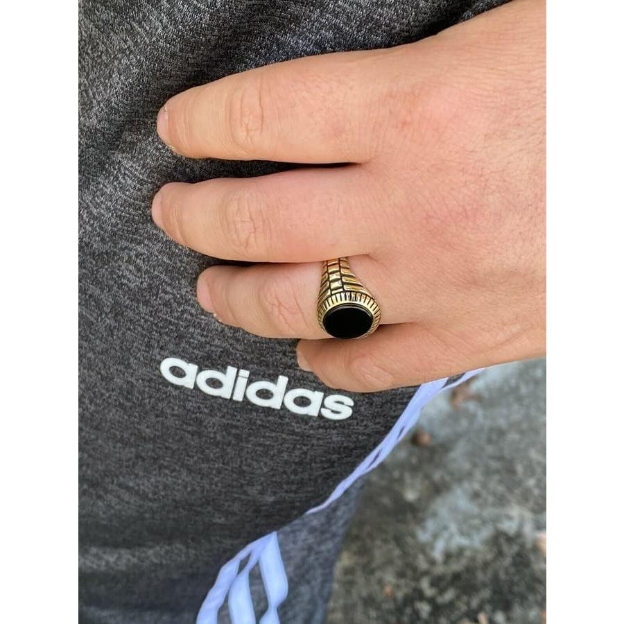 並行輸入品】ブラックオニキス ラウンドシグネットリング メンズ 14K