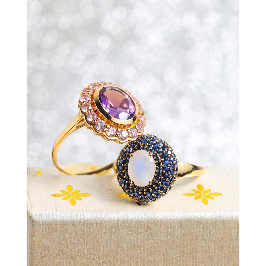 【並行輸入品】YoTreasure ムーンストーン&ブルーサファイアリング 14K イエローゴールド  金属 金属 ジェムストーン  ムーンストーンの画像