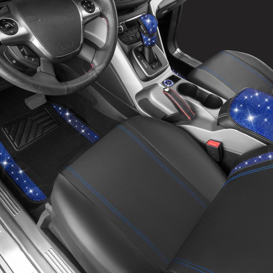 通常送料無料 CAR PASS Rhinestone Blue Bling Car Seat Covers Leather Black & S 並行輸入