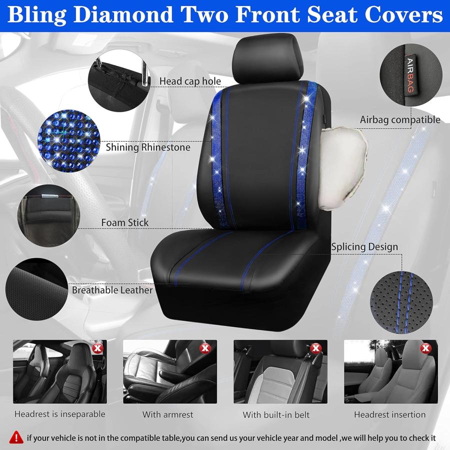 通常送料無料 CAR PASS Rhinestone Blue Bling Car Seat Covers Leather Black & S 並行輸入