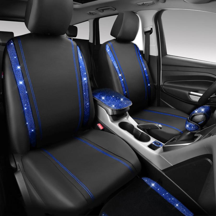 通常送料無料 CAR PASS Rhinestone Blue Bling Car Seat Covers Leather Black & S 並行輸入