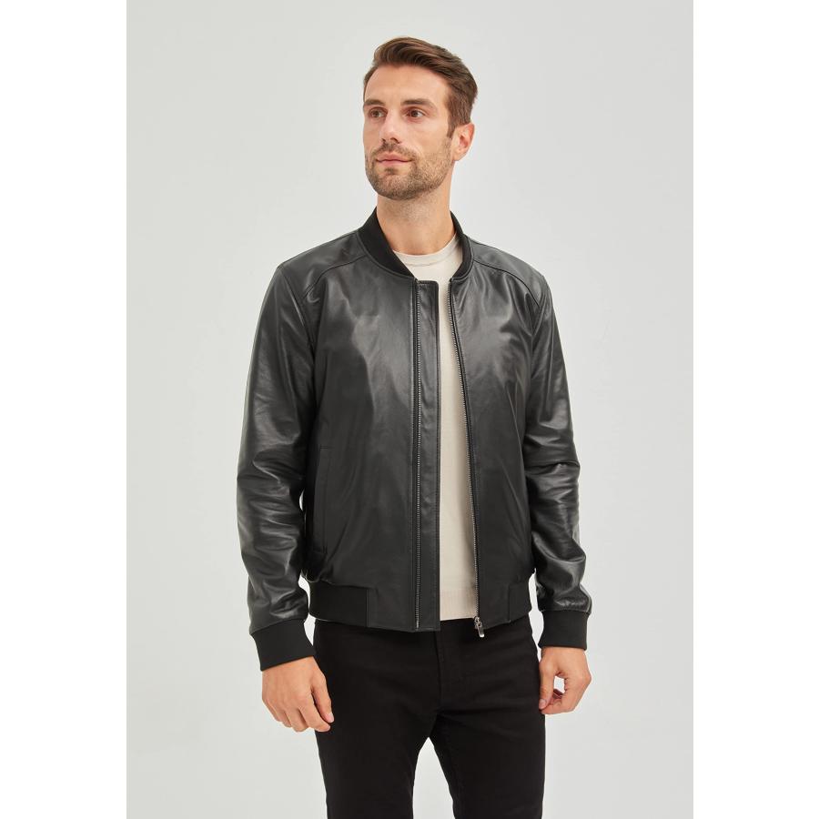 【並行輸入品】Bigardini Black Leather Jacket Men   Italian Real Lambskin Mensの画像