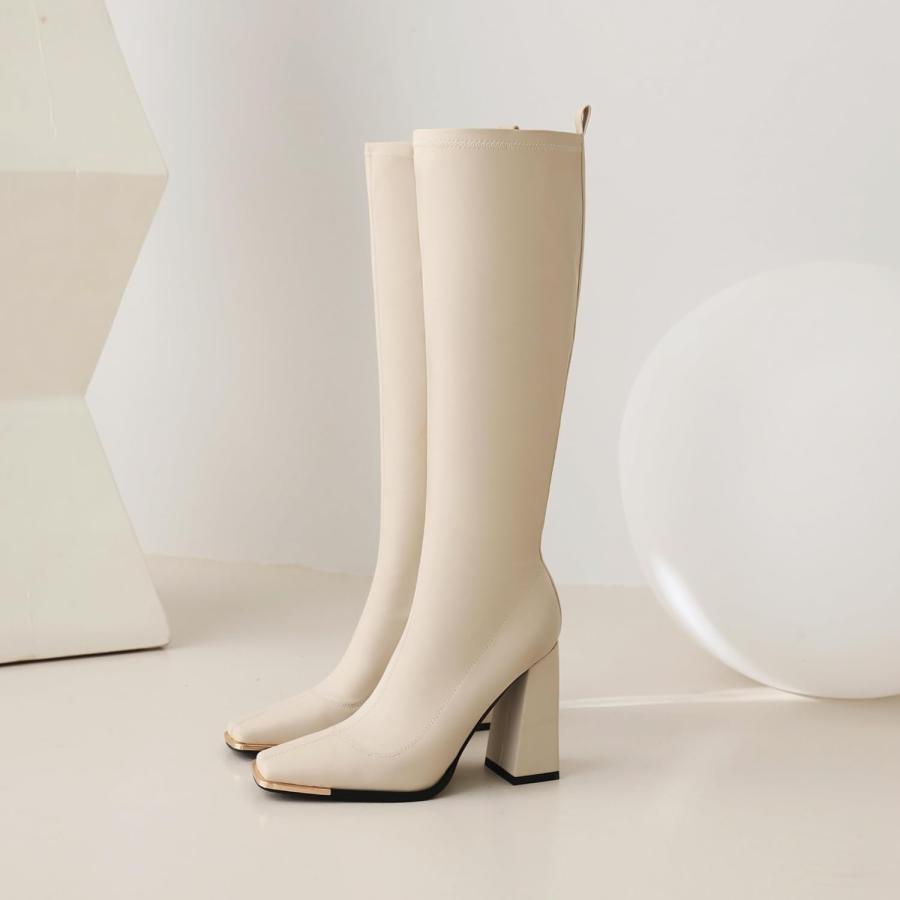 ハイクオリティ vivianly Women´s Square Toe Knee High Boots Mid Chunky Heel Fashion Long Booties Side Zipper Boots Beige Size 8　並行輸入品