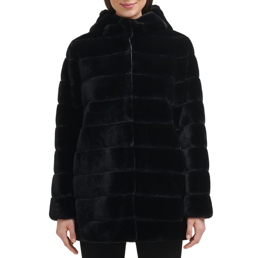 【並行輸入品】Kenneth Cole Women's Classic Mink Style Faux Fur Coat, Black, Laの画像