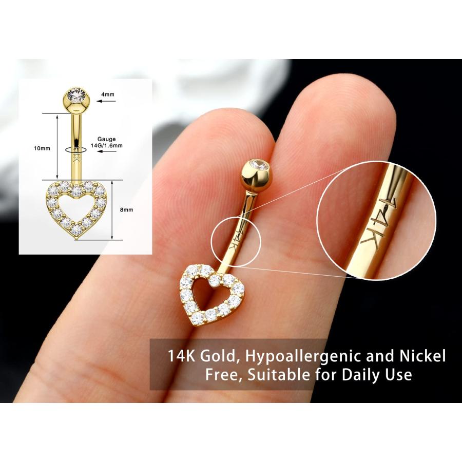 【並行輸入品】Melighting ゴールド ベリーボタン リング 14K リアルゴールド ベリーリング ハート ベリーピアス ジュエリー クリの画像