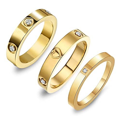 【並行輸入品】3個 ラブフレンドシップリング 女性用 18K ゴールド シルバー ローズメッキ キュービックジルコニア リング ステンレススチー_1