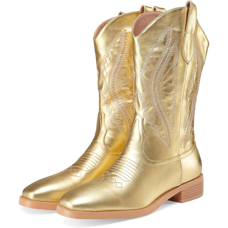 【公式】通販 Z.Oufeier Women´s Fashion Embroidered Mid Calf Square Toe Western Cowboy Boots Sparkly Gold Leather Wide Calf Low Block Heel Tall Cowgirl Boots(Gol