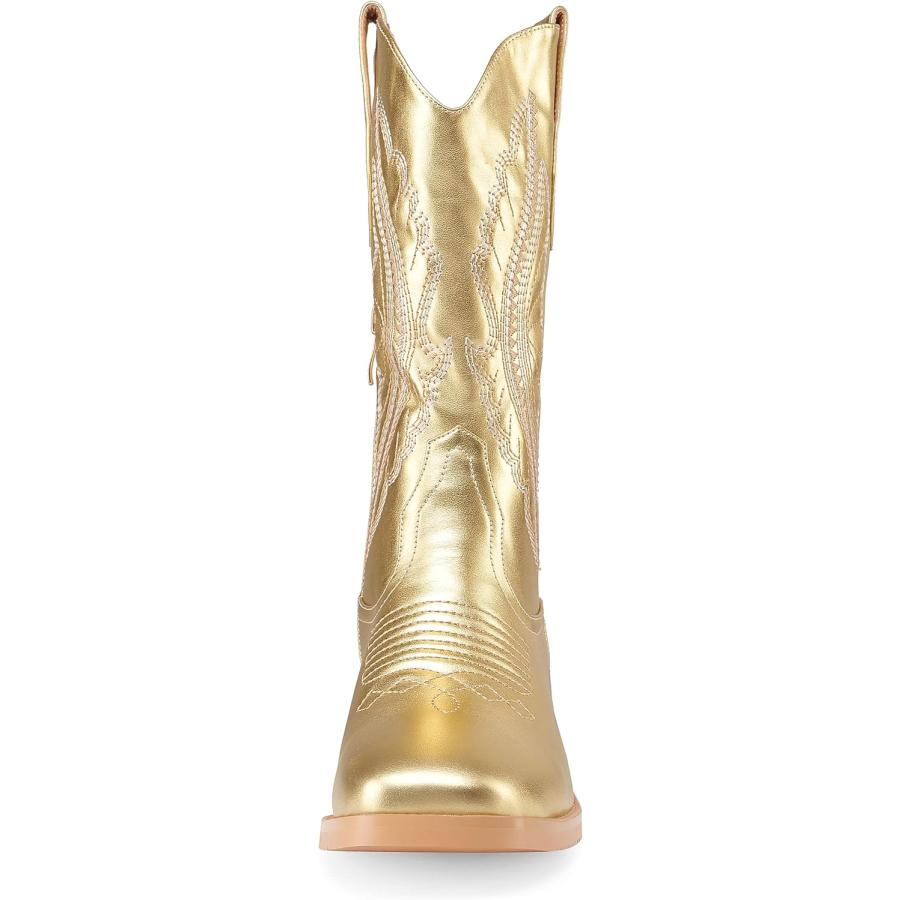 【公式】通販 Z.Oufeier Women´s Fashion Embroidered Mid Calf Square Toe Western Cowboy Boots Sparkly Gold Leather Wide Calf Low Block Heel Tall Cowgirl Boots(Gol