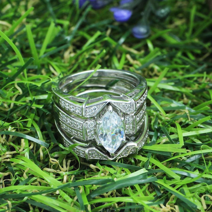 【並行輸入品】SAVEARTH DIAMONDS マーキス&ラウンドカット 人工モアッサナイトダイヤモンド ウェディングブライダルリングセット