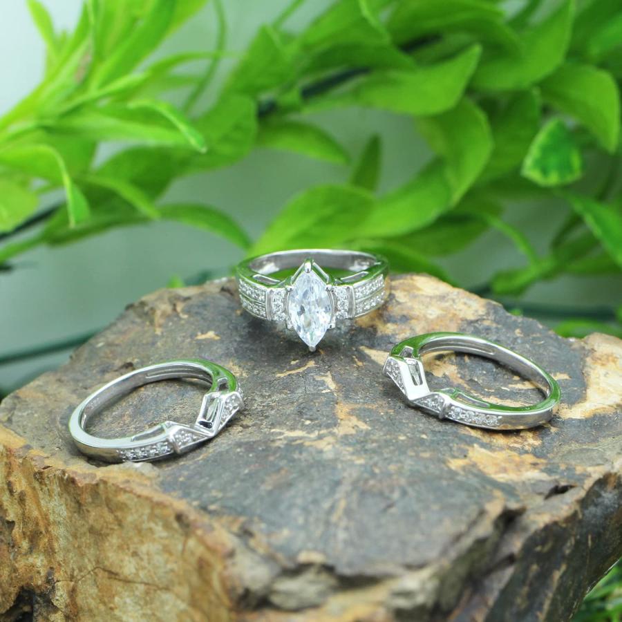 【並行輸入品】SAVEARTH DIAMONDS マーキス&ラウンドカット 人工モアッサナイトダイヤモンド ウェディングブライダルリングセット