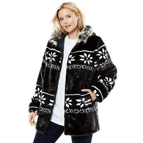 【並行輸入品】Woman Within Women's Plus Size Faux Fur Snowflake Print Hooded Jの画像