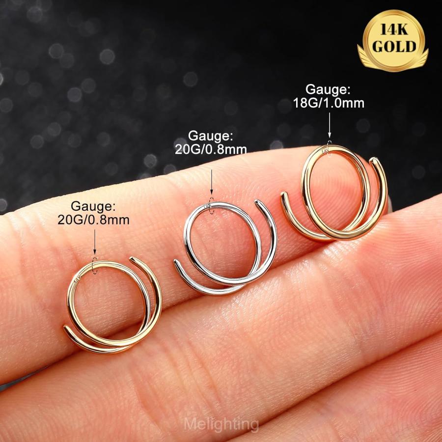 【並行輸入品】MeIighting 14K ソリッドゴールド ダブルノーズリングフープ シングルピアス用 20G ツイストノーズリング ダブルフープ_1