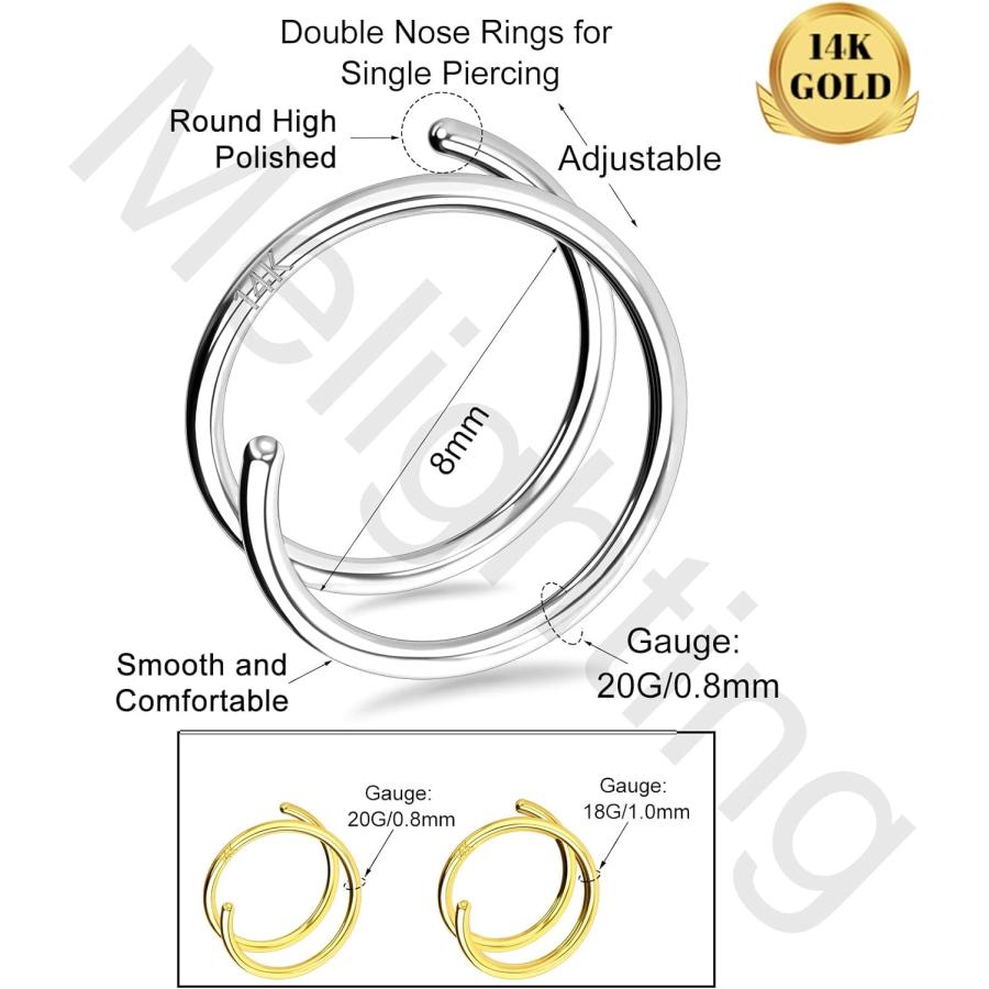 【並行輸入品】MeIighting 14K ソリッドゴールド ダブルノーズリングフープ シングルピアス用 20G ツイストノーズリング ダブルフープ_3