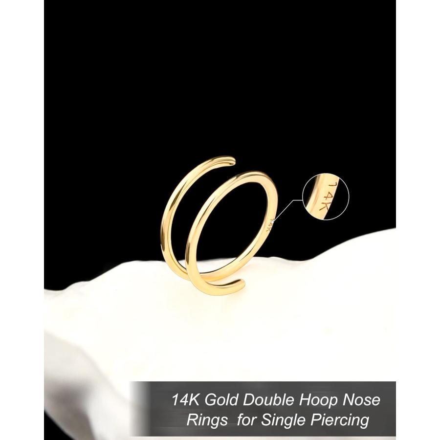 【並行輸入品】MeIighting 14K ソリッドゴールド ダブルノーズリングフープ シングルピアス用 20G ツイストノーズリング ダブルフープ_6