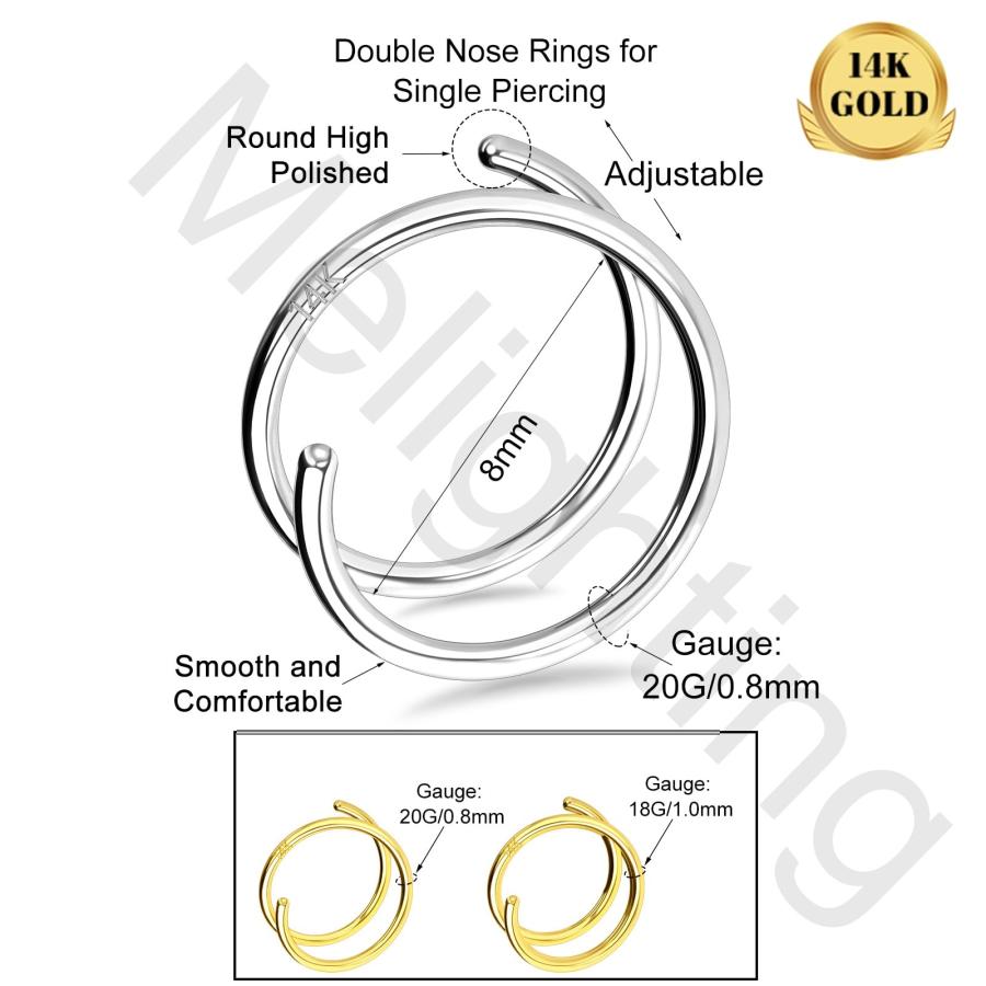【並行輸入品】MeIighting 14K ソリッドゴールド ダブルノーズリングフープ シングルピアス用 20G ツイストノーズリング ダブルフープ_9
