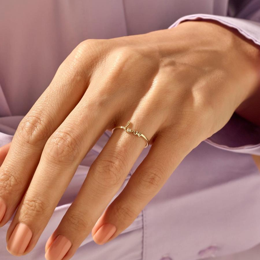 【並行輸入品】Norm Jewels Love スクリプトリング | 14K ソリッドイエローゴールド ステートメントリング レディース | ミの画像