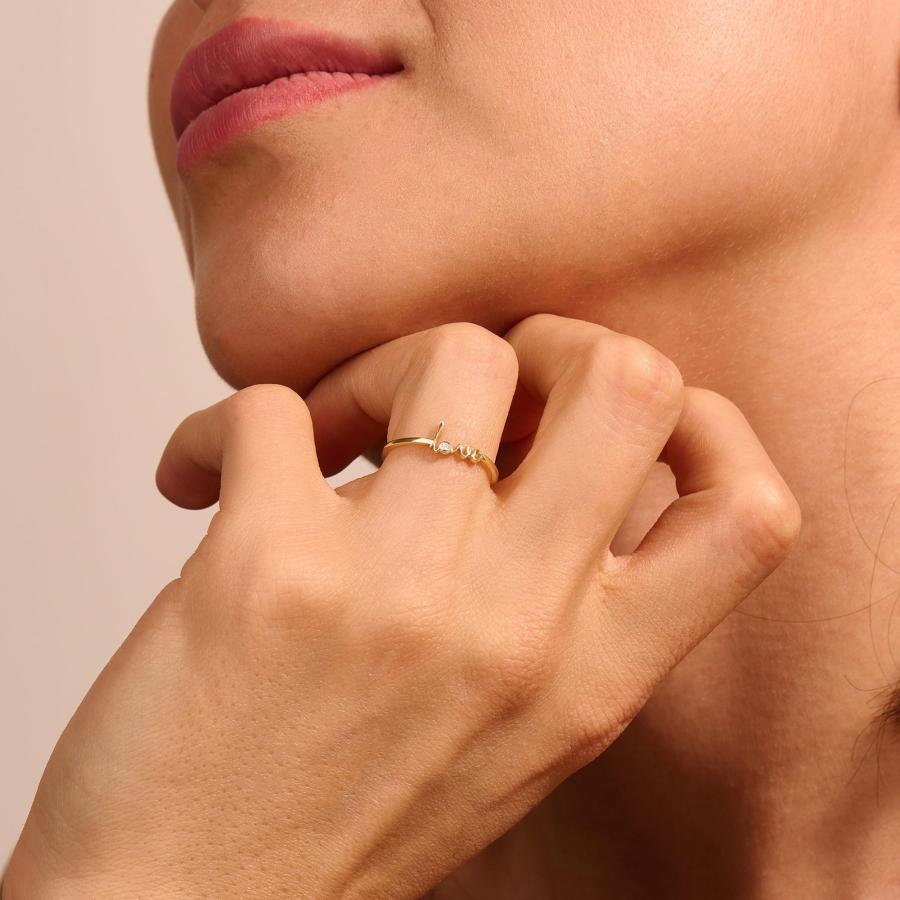 【並行輸入品】Norm Jewels Love スクリプトリング | 14K ソリッドイエローゴールド ステートメントリング レディース | ミの画像
