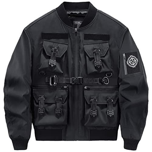 【並行輸入品】HSQIBAOER Cyberpunk Bomber Jacket Multi Pockets Cargo Zipper Blaの画像