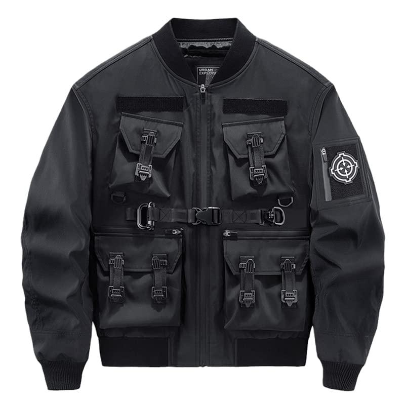 【並行輸入品】HSQIBAOER Cyberpunk Bomber Jacket Multi Pockets Cargo Zipper Blaの画像
