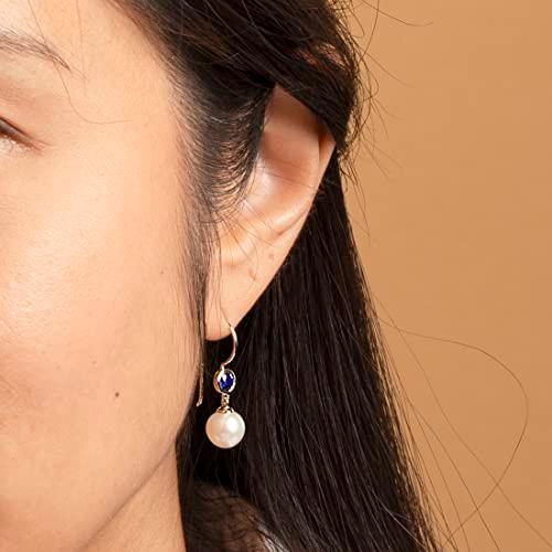 【並行輸入品】Peora 14K イエローゴールド 8mm 淡水養殖ホワイトパール 人工ブルーサファイア ドロップイヤリング レディース 9月のの画像