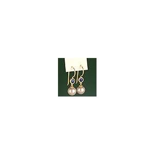 【並行輸入品】Peora 14K イエローゴールド 8mm 淡水養殖ホワイトパール 人工ブルーサファイア ドロップイヤリング レディース 9月のの画像