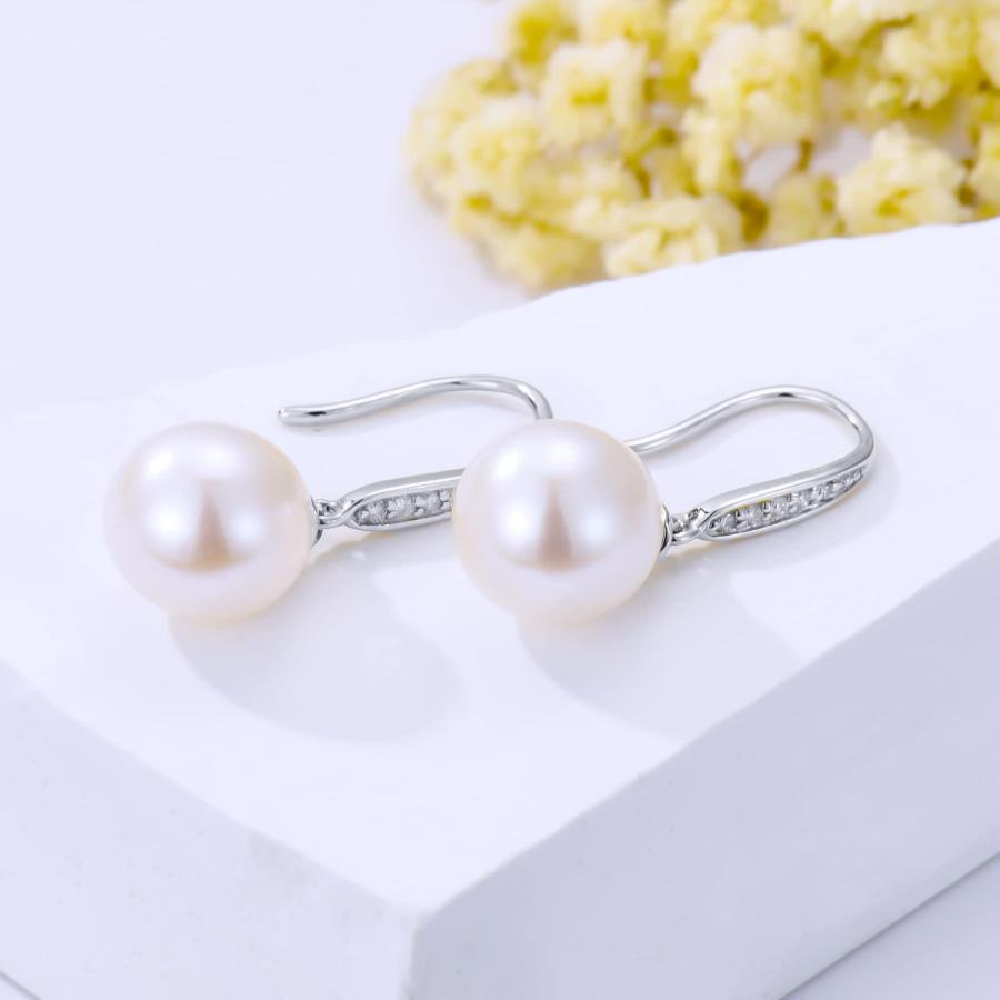 【並行輸入品】14K ホワイトゴールド 天然ダイヤモンドと淡水養殖パール ダングルイヤリング レディース ファインジュエリー, 金属, ダイヤモの画像