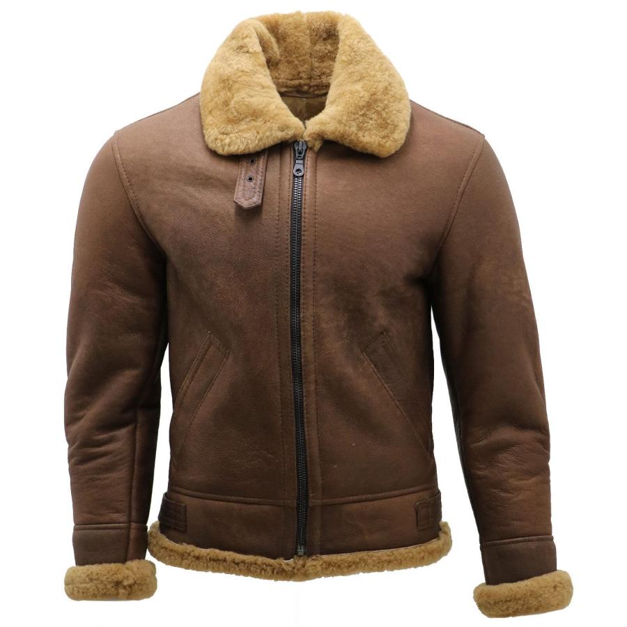 【並行輸入品】Men's Brown B3 Shearling Sheepskin WWII Bomber Leather Flying Avの画像
