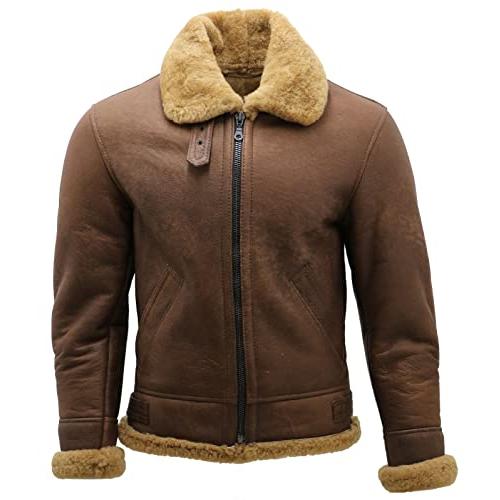 【並行輸入品】Men's Brown B3 Shearling Sheepskin WWII Bomber Leather Flying Avの画像
