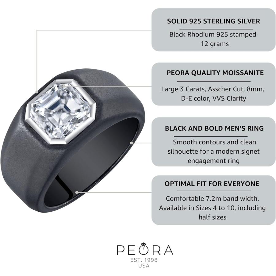 【並行輸入品】Peora 3カラット モアッサナイトリング メンズ アッシャーカット D-Eカラー VVSブラックロジウム 925スターリングシルバーの画像