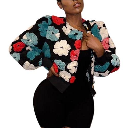 【並行輸入品】Molisry Women Cropped Bomber Jacket Fleece 3D Flower Print Butto_1