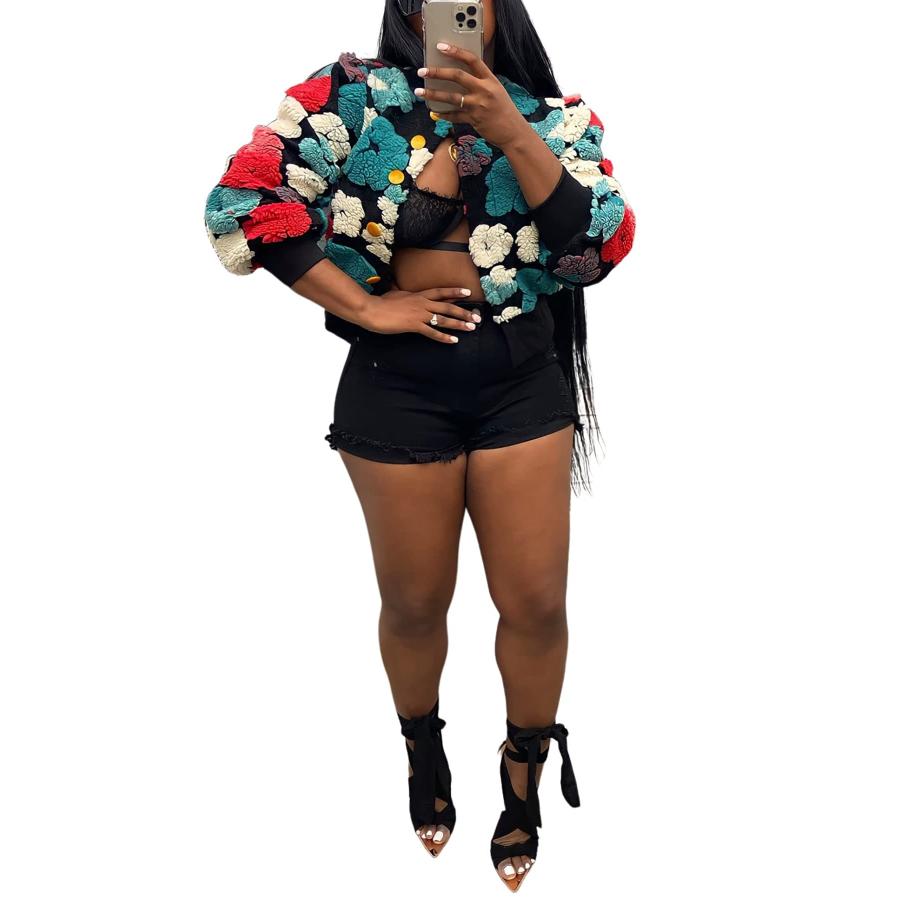【並行輸入品】Molisry Women Cropped Bomber Jacket Fleece 3D Flower Print Butto_6