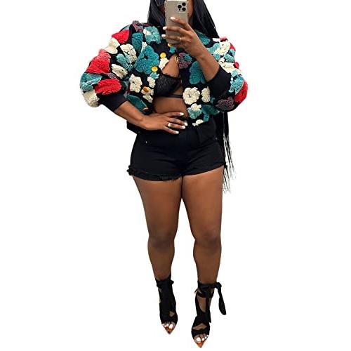 【並行輸入品】Molisry Women Cropped Bomber Jacket Fleece 3D Flower Print Butto_7