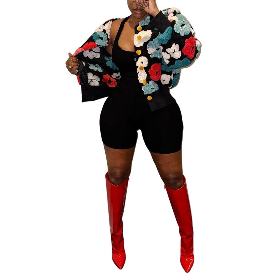 【並行輸入品】Molisry Women Cropped Bomber Jacket Fleece 3D Flower Print Butto_9