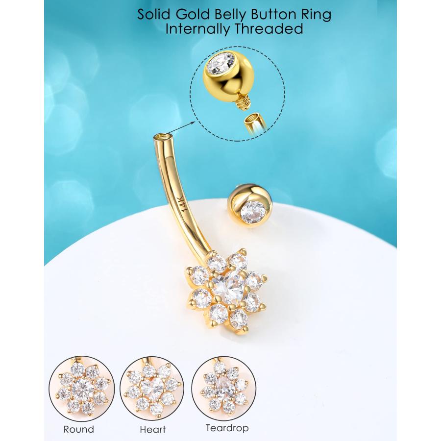 【並行輸入品】Melighting ソリッドゴールド ベリーボタンリング 14Kゴールド 内部スレッドベリーリング レディース フラワーベリーピ_6