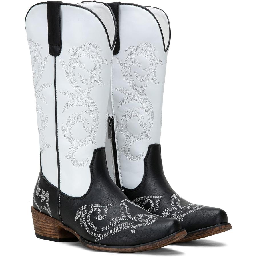 の通販なら Jeossy Women´s 9808 White/Black Cowboy Boots for Women Square Toe Cowgirl Boots Western Embroidered Knee High Boot with Side Zipper Size 8(DJY980