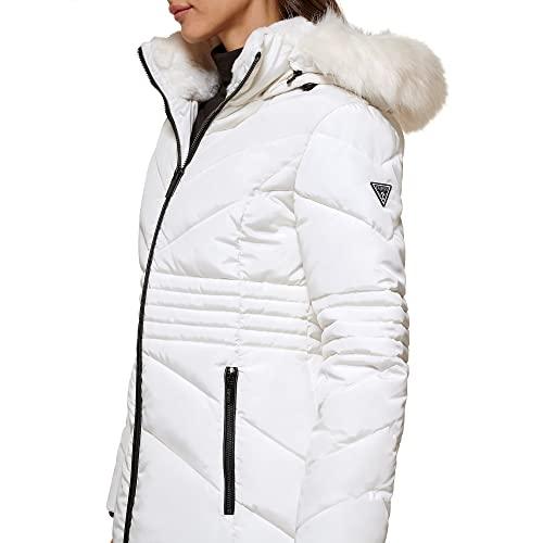 GUESS Women's Short Hooded Puffer Coat with Faux Fur Bib, Milk 並行輸入品｜good-face｜05