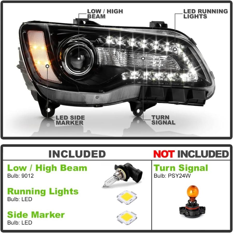 【並行輸入品】ACANII - [ハロゲンタイプ] 2015 2016 2017 Chrysler 300 ブラックベゼル LED DRL プロジェクの画像