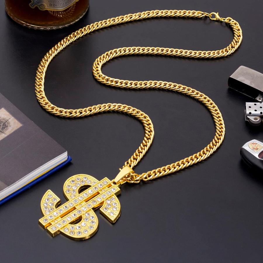 ゴールド ネックレス ラインストーン 美品 並行輸入品】MJ ゴールドチェーン メンズ ペンダントネックレス ドル