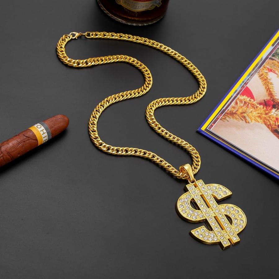 ゴールド ネックレス ラインストーン 美品 並行輸入品】MJ ゴールドチェーン メンズ ペンダントネックレス ドル