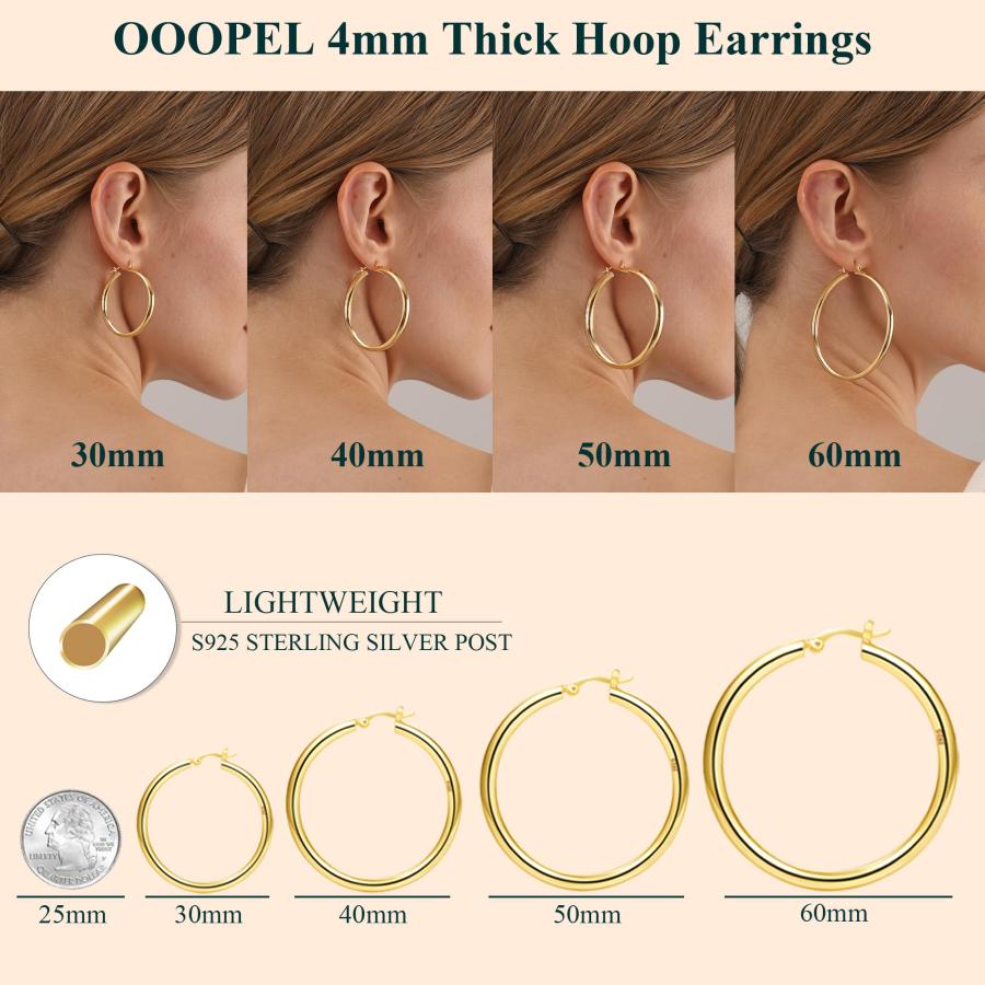 【並行輸入品】4mm厚ゴールドチャンキーイヤリング ステリングシルバーポストフープピアス レディース 中空チューブフープイヤリング 厚いゴールド_6