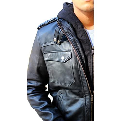【並行輸入品】Artistic Axis Mens Motorcycle Black Bomber Jacket Real Lambskinの画像